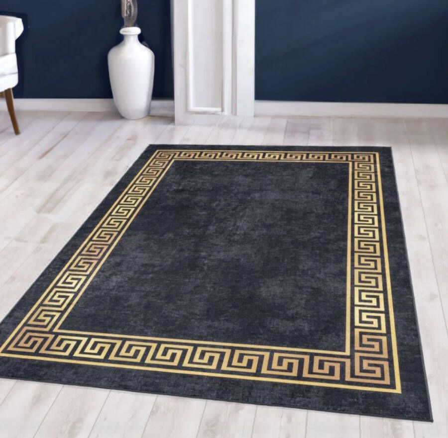 Flycarpets Amira Wasbaar Vloerkleed Zwart Goud Laagpolig Tapijt Woonkamer 160x230 cm