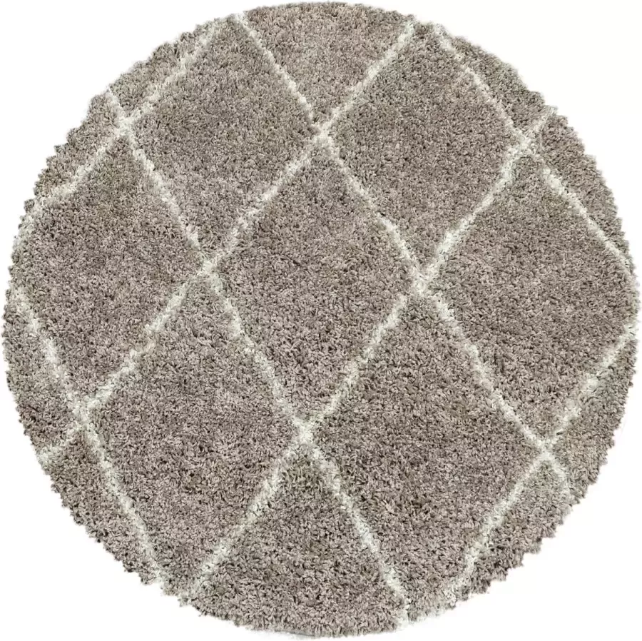 AYDR Flycarpets Azure Beige Rond Vloerkleed Geruit Hoogpolig Woonkamer 120x120 cm