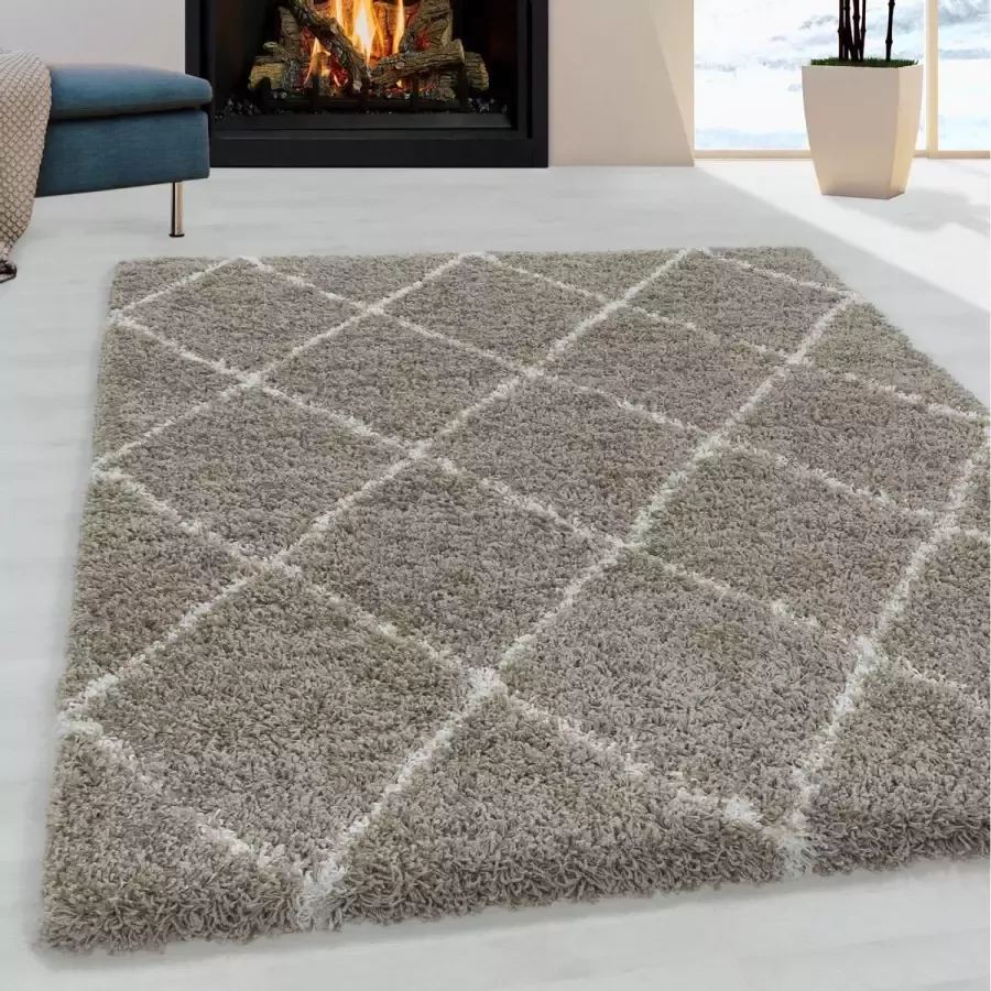 Flycarpets Azure Beige Vloerkleed Geruit Hoogpolig Woonkamer 120x170 cm - Foto 1