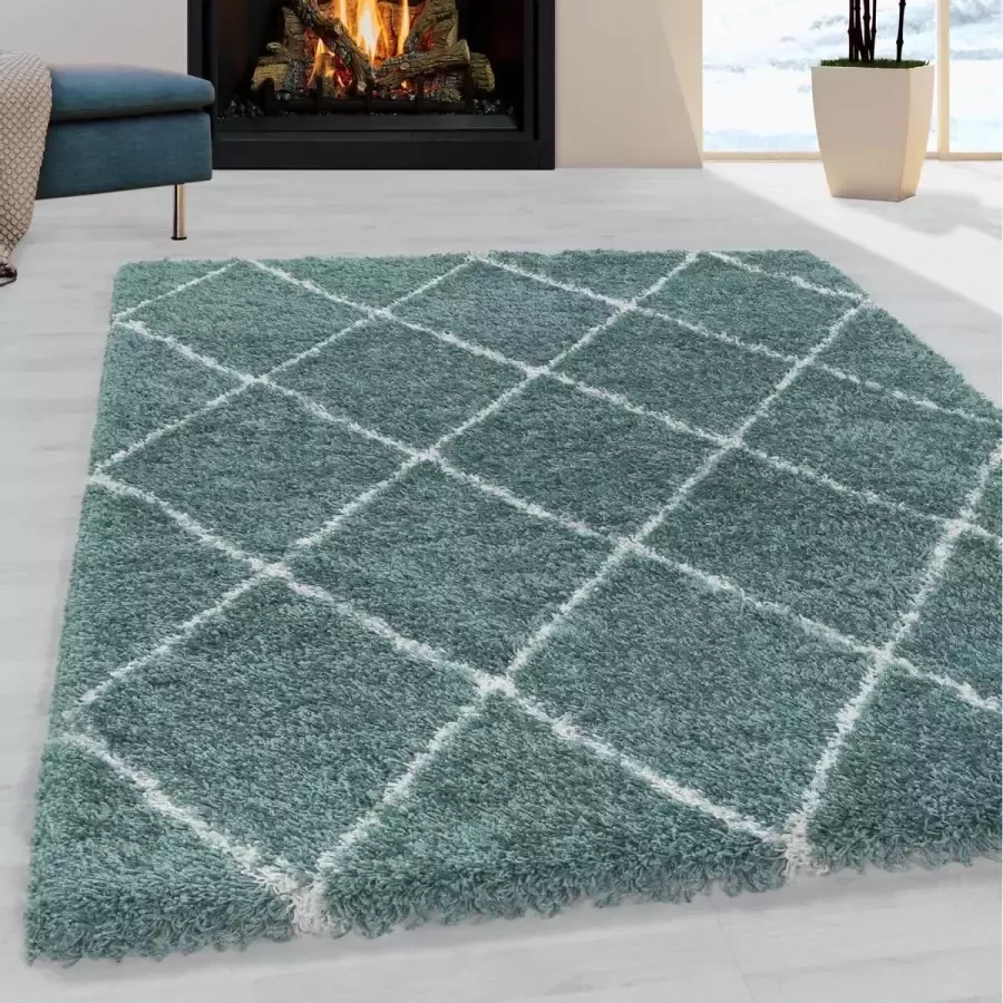 Flycarpets Azure Blauw Turquoise Vloerkleed Geruit Hoogpolig Woonkamer 140x200 cm