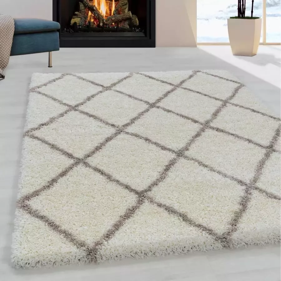 Flycarpets Azure Crème Vloerkleed Geruit Hoogpolig Woonkamer 200x290 cm