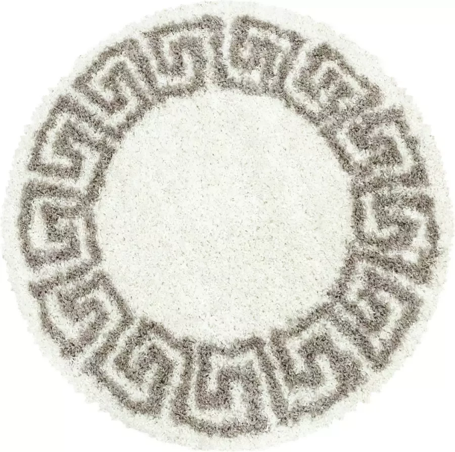 Flycarpets Azure Rond Vloerkleed Grieks Motief Beige Crème Hoogpolig Woonkamer 120x120 cm