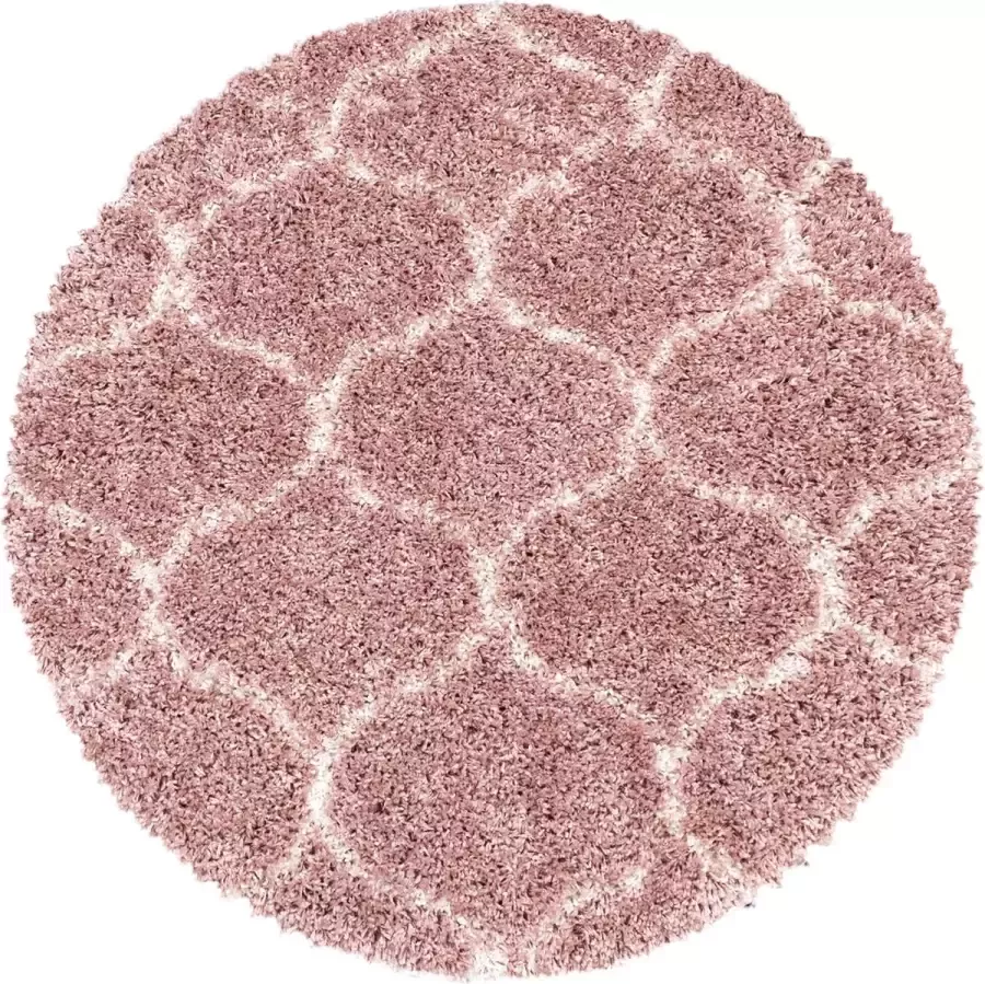 Flycarpets Azure Rond Vloerkleed Berber Motief Roze Crème Hoogpolig Woonkamer 160x160 cm