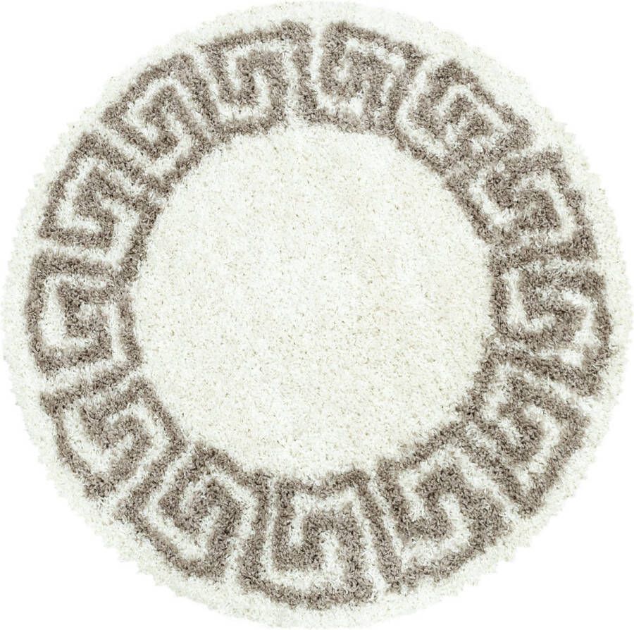 flycarpets Azure Rond Vloerkleed Grieks Motief Beige Crème Hoogpolig Woonkamer 160x160 cm