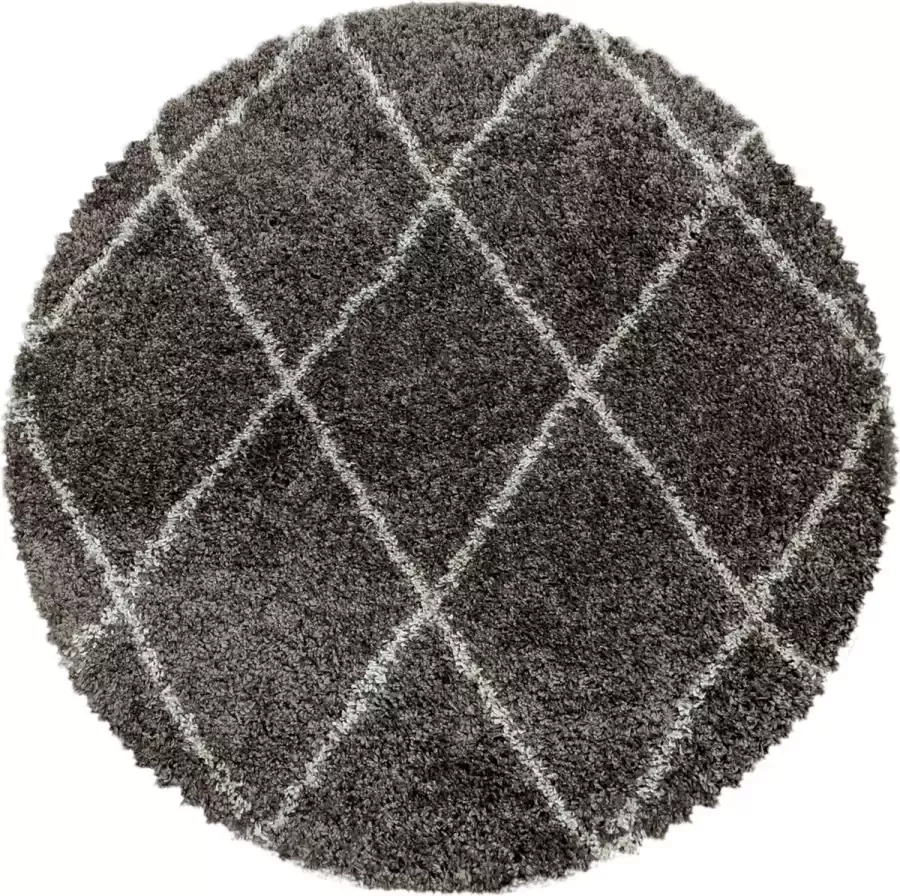 Flycarpets Azure Taupe Rond Vloerkleed Geruit Hoogpolig Woonkamer 120x120 cm