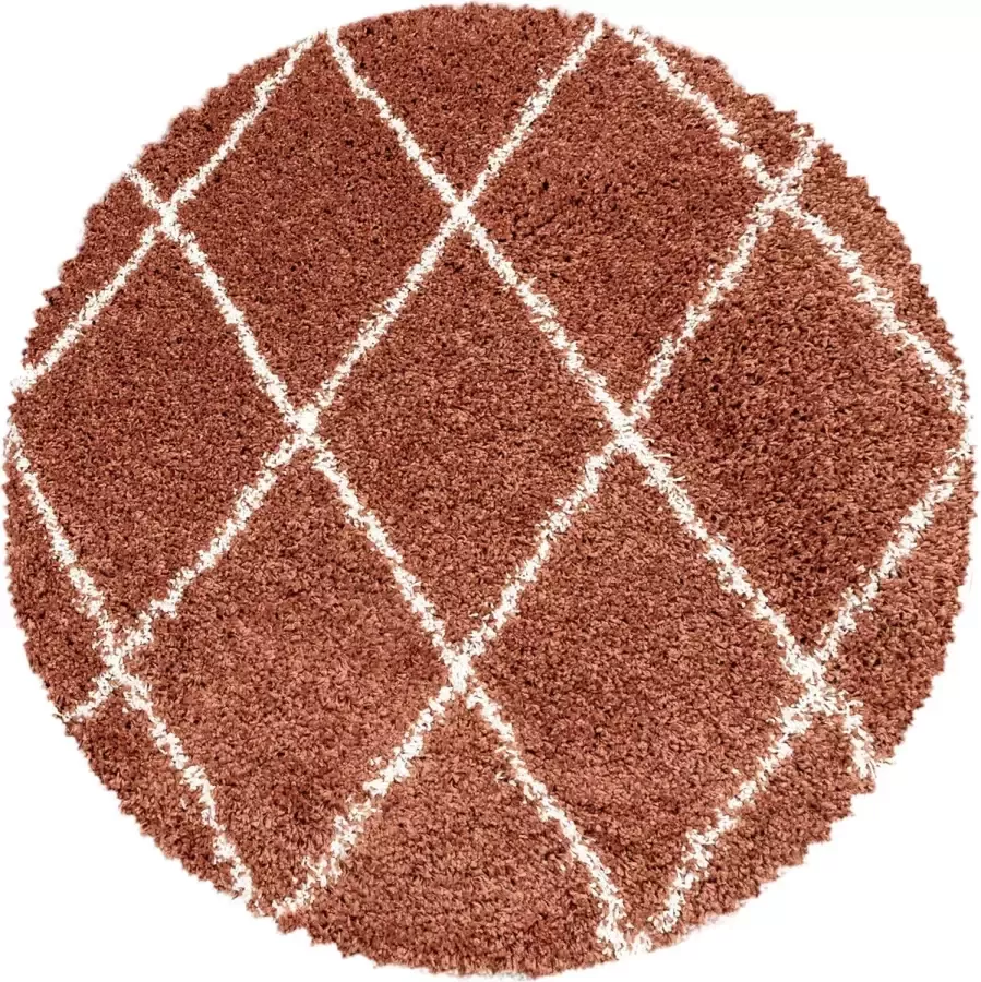 Flycarpets Azure Terracotta Rond Vloerkleed Geruit Hoogpolig Woonkamer 160x160 cm