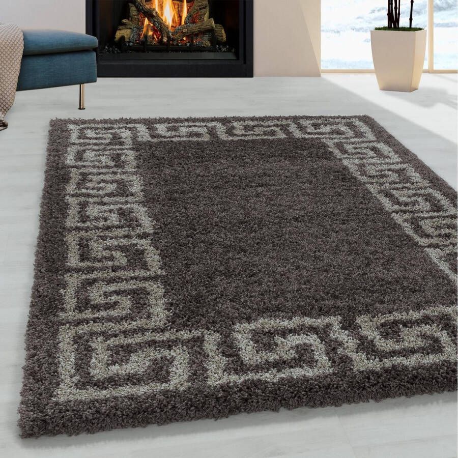 FlyCarpets Azure Hoogpolig Taupe Vloerkleed Grieks Design 160x230 cm