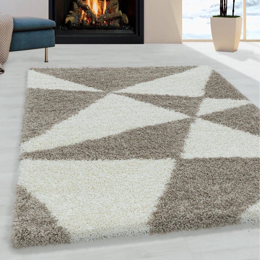 flycarpets Azure Vloerkleed Beige Crème Geo Motief Hoogpolig 160x230 cm