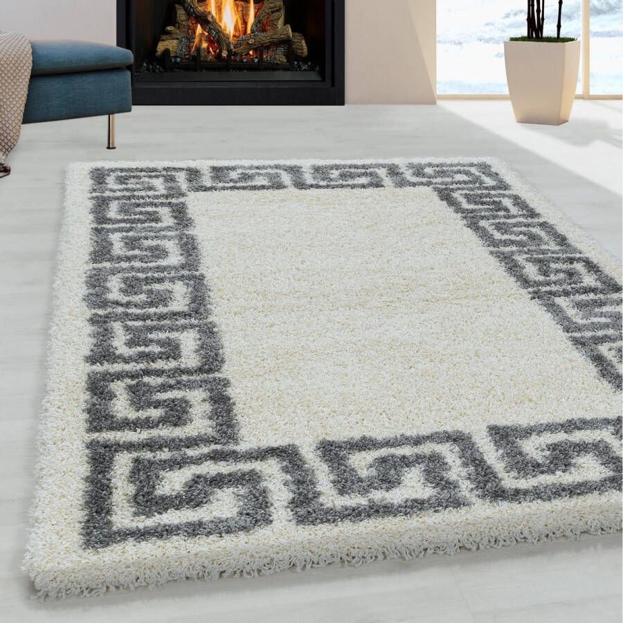 flycarpets Azure Vloerkleed Crème Grijs Grieks Motief Hoogpolig 200x290 cm