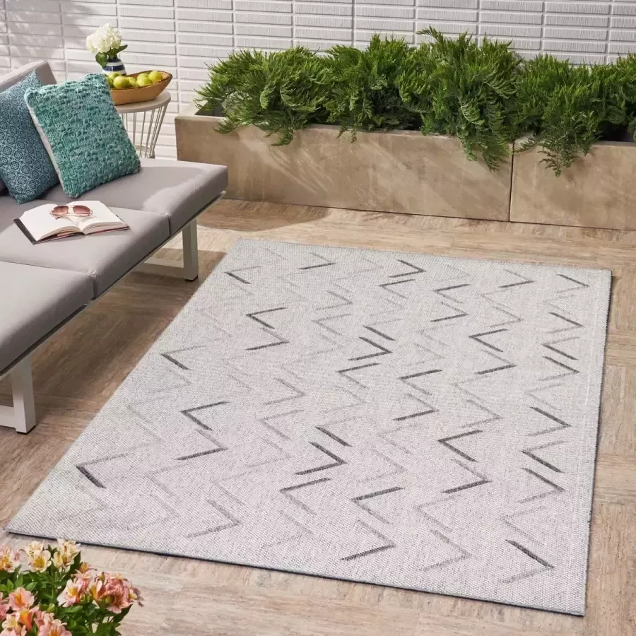 Flycarpets Belize Vloerkleed Buitenkleed Binnen & Buiten Crème Grijs Laagpolig 120x170 cm