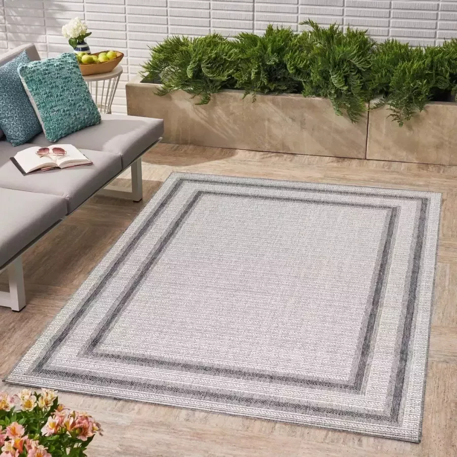 Flycarpets Belize Vloerkleed Buitenkleed Binnen & Buiten Crème Grijs Laagpolig Kader Motief 160x230 cm - Foto 2