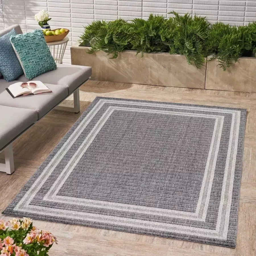 Flycarpets Belize Vloerkleed Buitenkleed Binnen & Buiten Grijs Laagpolig Kader Motief 140x200 cm - Foto 2