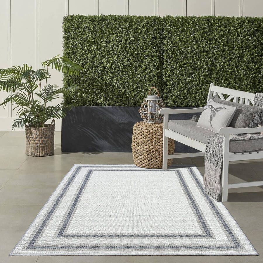 Flycarpets Belize Vloerkleed Buitenkleed Binnen & Buiten Crème Grijs Laagpolig Kader Motief 120x170 cm - Foto 1