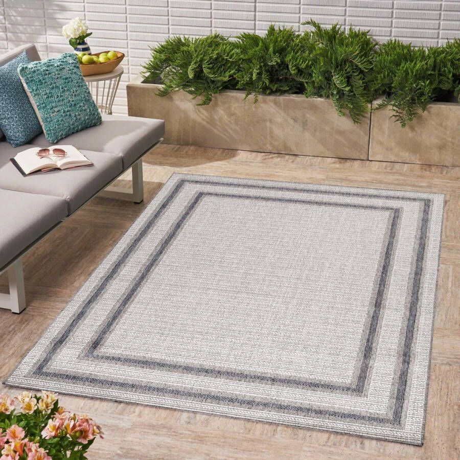 Flycarpets Belize Vloerkleed Buitenkleed Binnen & Buiten Crème Grijs Laagpolig Kader Motief 120x170 cm - Foto 2