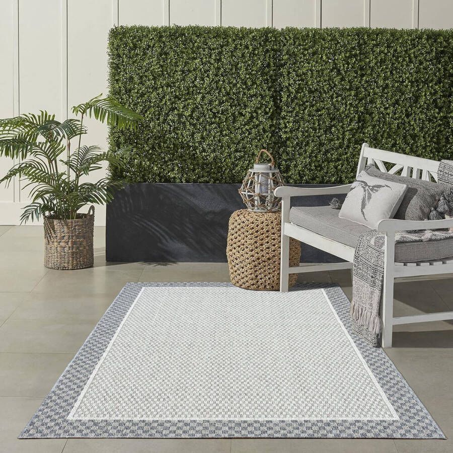 Flycarpets Belize Vloerkleed Buitenkleed Binnen & Buiten Crème Grijs Laagpolig Kadermotief 120x170 cm
