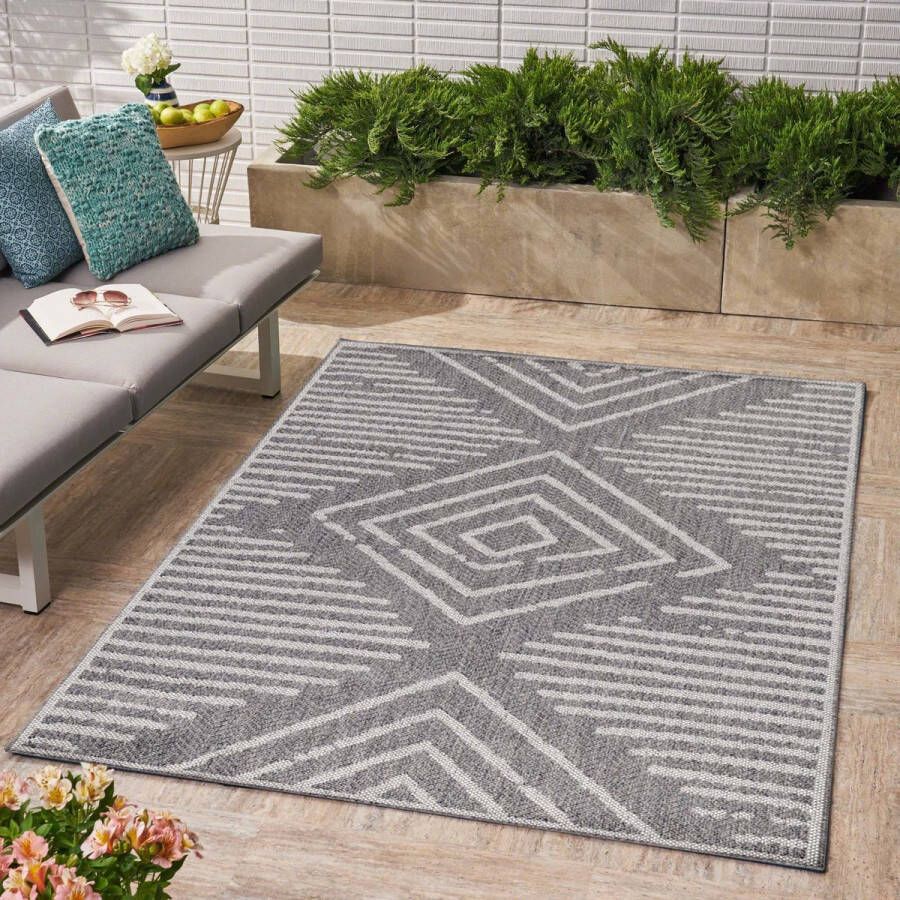 flycarpets Belize Vloerkleed Buitenkleed Binnen & Buiten Grijs Laagpolig Geruit 120x170 cm