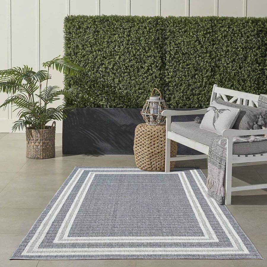 Flycarpets Belize Vloerkleed Buitenkleed Binnen & Buiten Grijs Laagpolig Kader Motief 140x200 cm - Foto 1