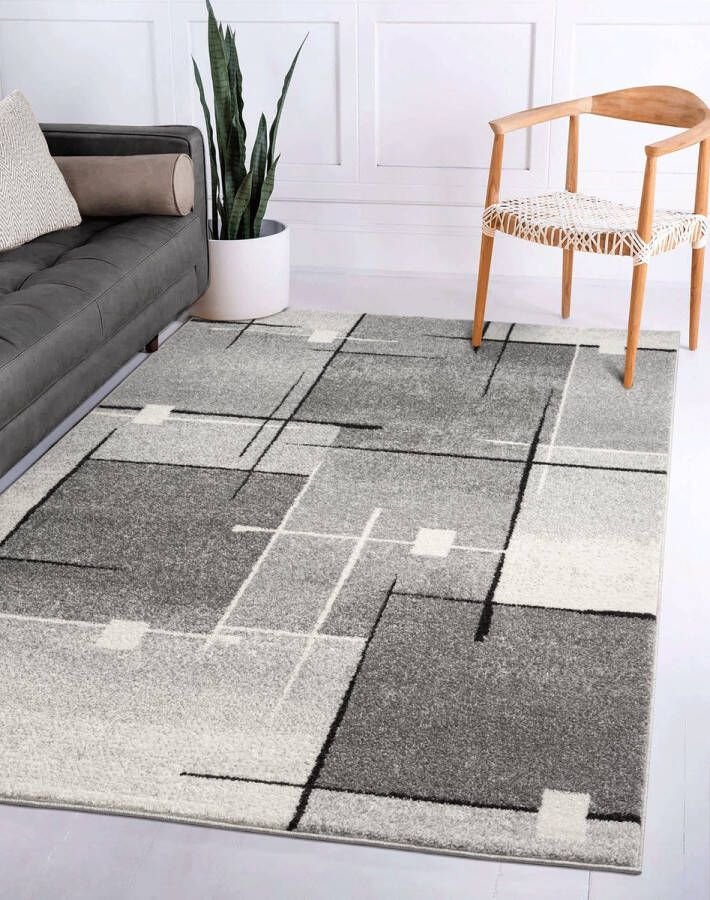 Flycarpets Belos Vloerkleed Grijs Modern Patroon Geblokt Laagpolig Woonkamer 240x330 cm - Foto 2