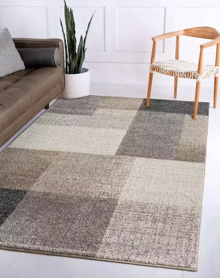 Flycarpets Belos Vloerkleed Beige Modern Geblokt Laagpolig Woonkamer 120x160 cm