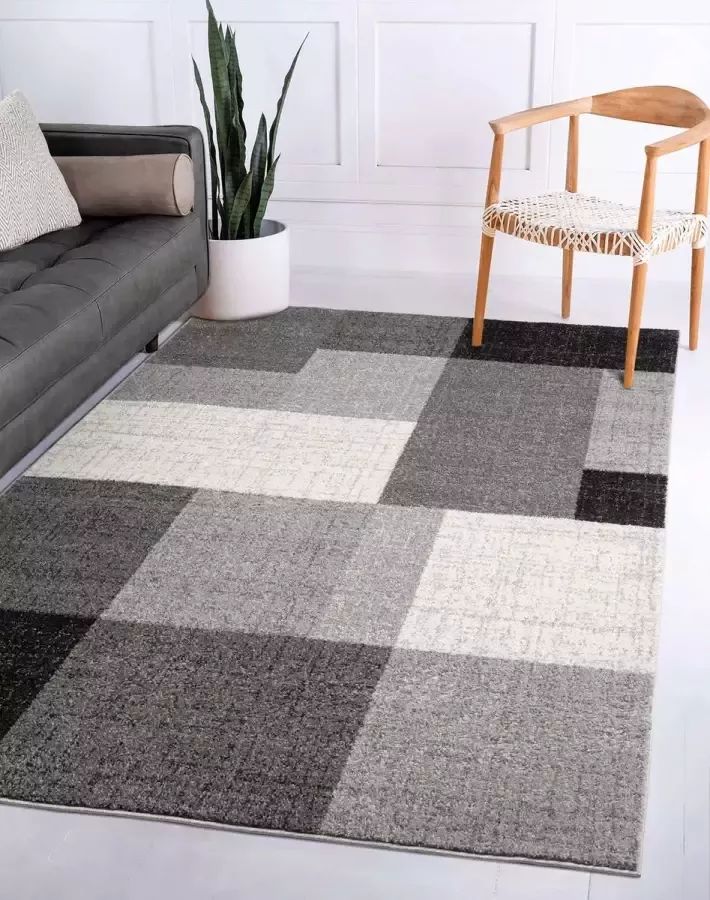 Flycarpets Belos Vloerkleed Grijs Modern Geblokt Laagpolig Woonkamer 120x160 cm