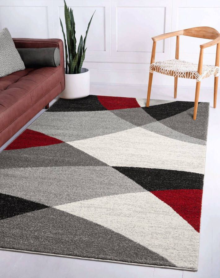 Flycarpets Belos Vloerkleed Modern Rood Grijs Crème Laagpolig Tapijt 160x220 cm