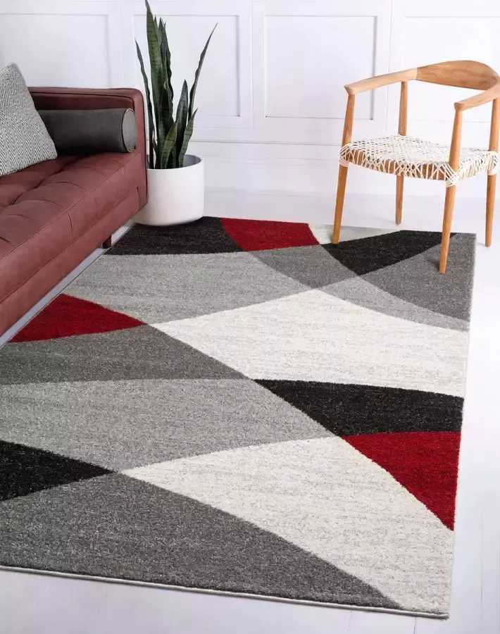 Flycarpets Belos Vloerkleed Modern Rood Grijs Crème Laagpolig Tapijt 120x160 cm