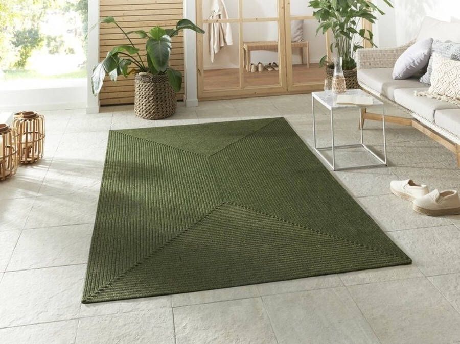 Flycarpets Trenzado Rond Binnen- en buitenkleed Groen Jute Look Vloerkleed Buiten Tuintapijt Laagpolig 150 cm - Foto 2