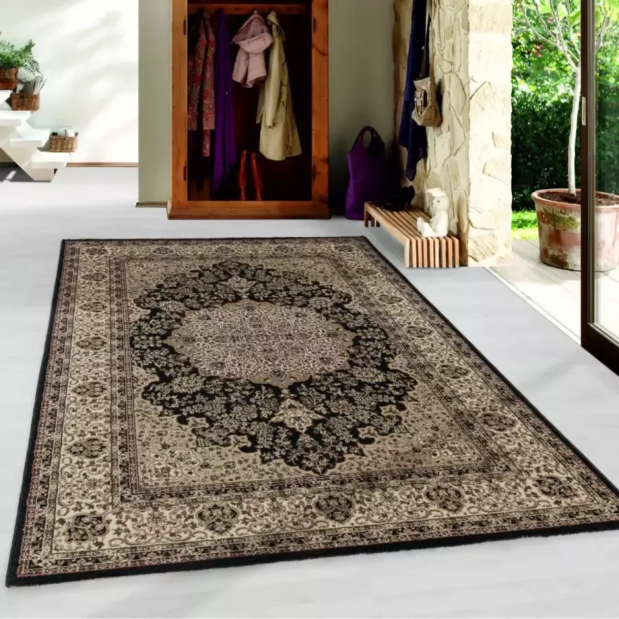 Flycarpets Klassiek Zwart Beige Vloerkleed Bukhara Oosters motief Perzisch Tapijt Laagpolig Woonkamer 200x290 cm