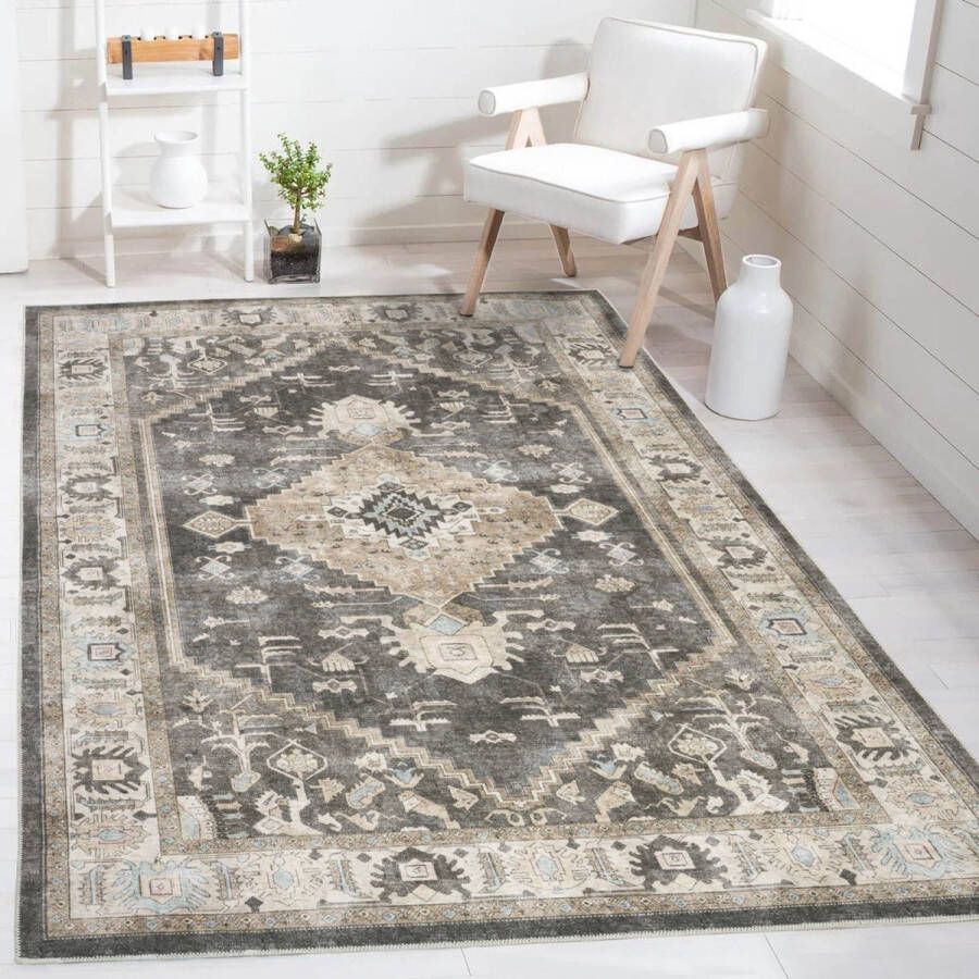 Flycarpets Burano Vintage Medaillon Vloerkleed Grijs Taupe Laagpolig Tapijt 120x170 cm