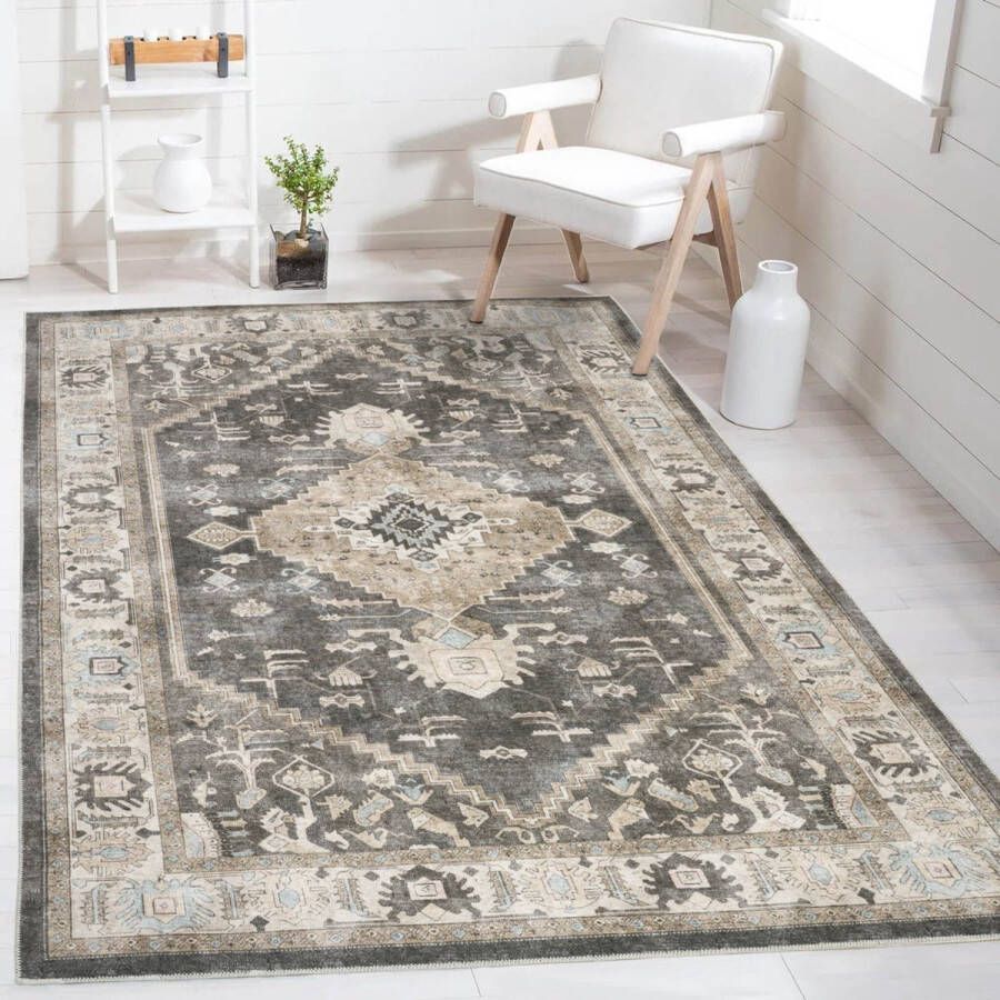 Flycarpets Burano Vintage Medaillon Vloerkleed Grijs Taupe Laagpolig Tapijt 160x230 cm