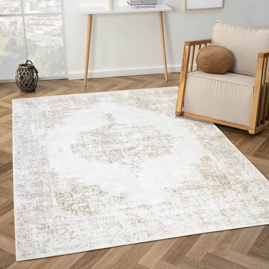 flycarpets Burano Vintage Medaillon Vloerkleed Taupe Beige Laagpolig Tapijt 80x150 cm