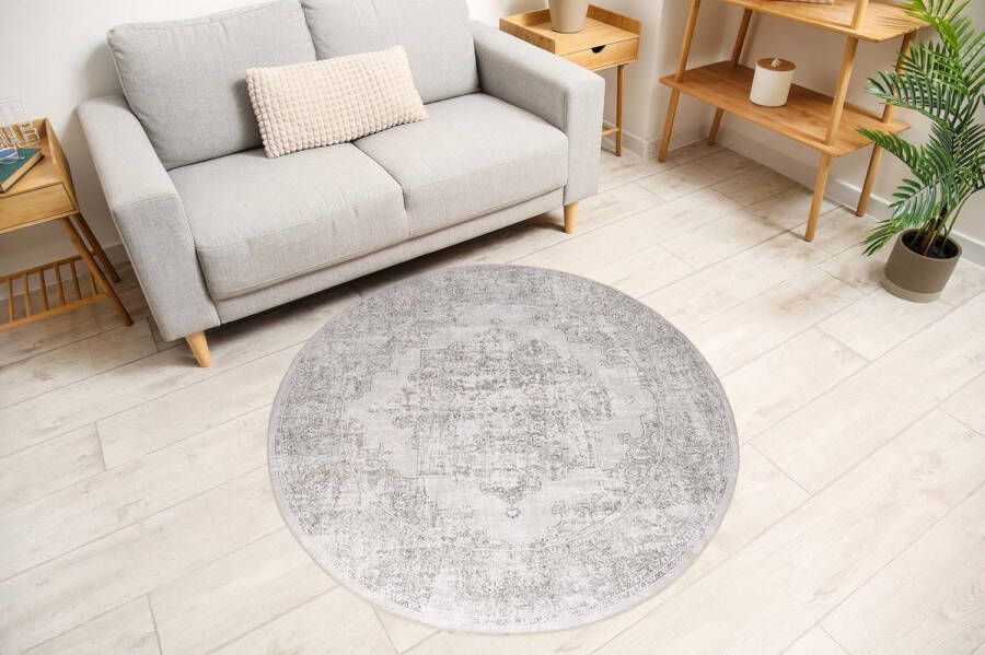 Flycarpets Burano Vintage Vloerkleed Rond Taupe Laagpolig 160x160 cm