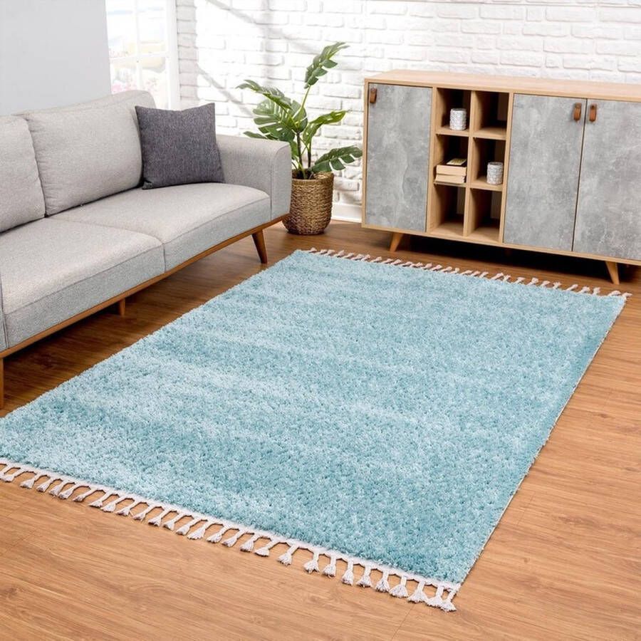 Flycarpets Calidia Hoogpolig Effen Uni Vloerkleed Blauw 80x400 cm