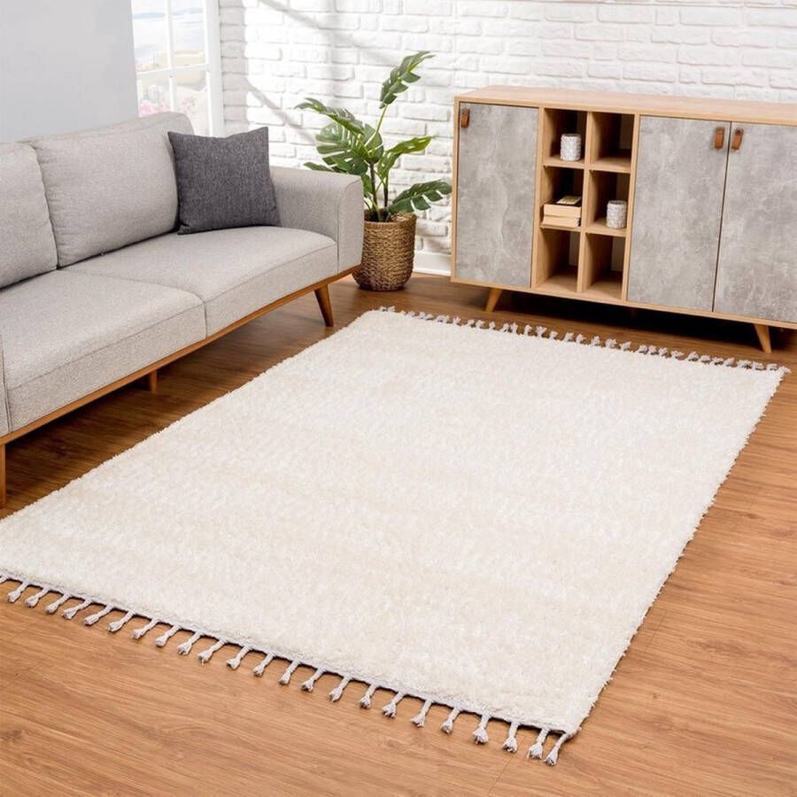 Flycarpets Calidia Hoogpolig Effen Uni Vloerkleed Creme 120x160 cm