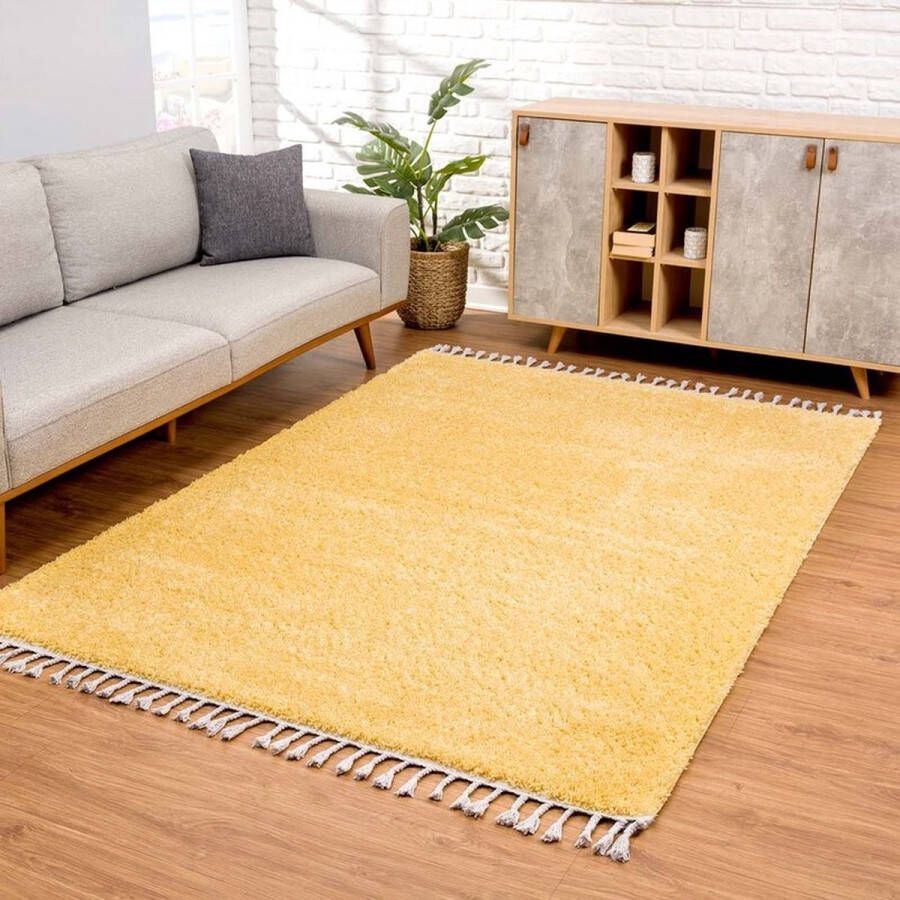 Flycarpets Calidia Hoogpolig Effen Uni Vloerkleed Geel 120x160 cm