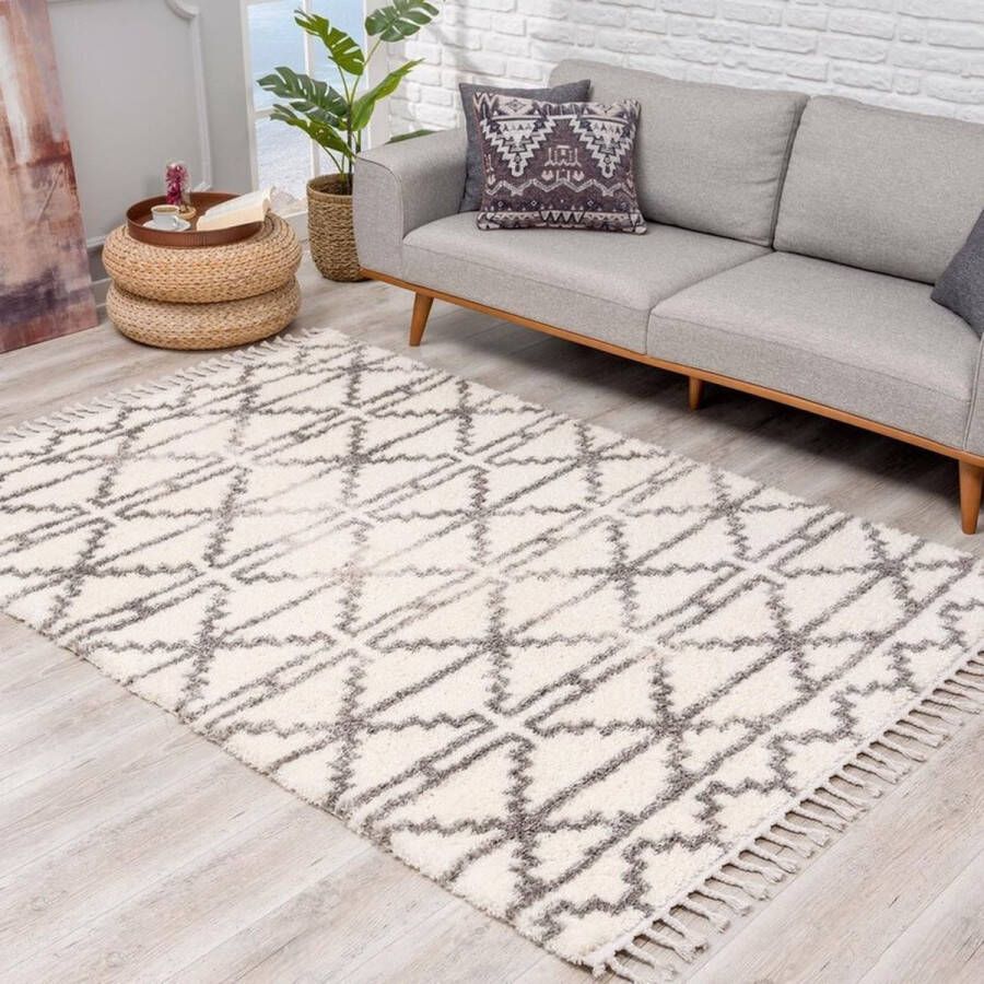 Flycarpets Calidia Hoogpolig Geruit Vloerkleed Creme Grijs Tapijt Woonkamer 120x160 cm