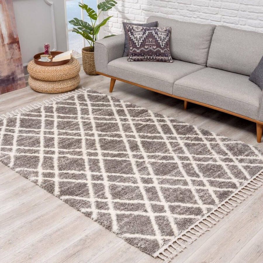 Flycarpets Calidia Hoogpolig Geruit Vloerkleed Grijs Creme Tapijt Woonkamer 140x200 cm