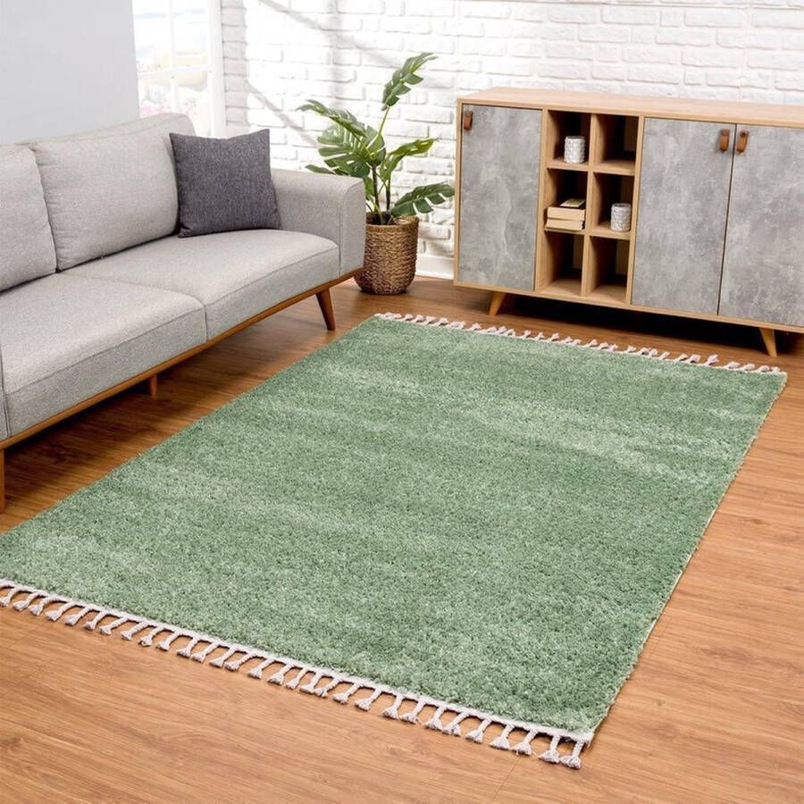 Flycarpets Calidia Hoogpolig Effen Uni Vloerkleed Groen 80x300 cm