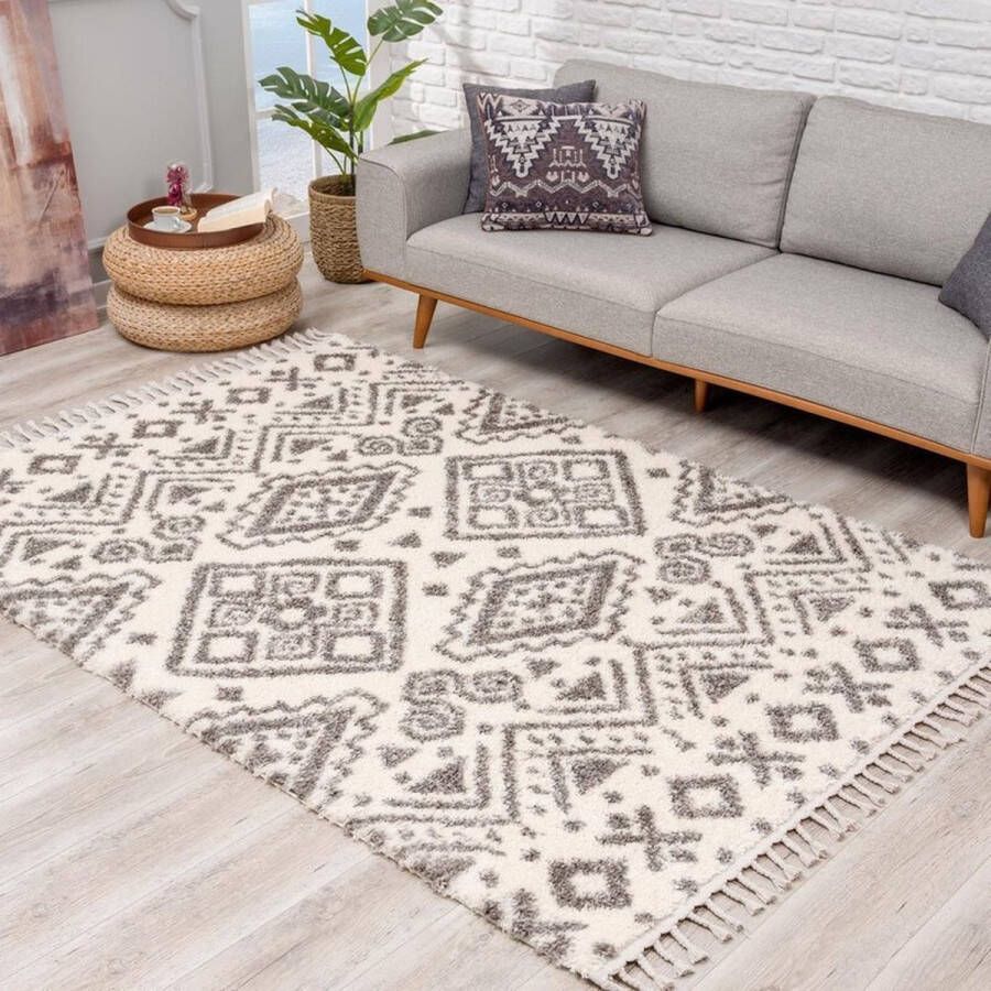 Flycarpets Calidia Hoogpolig Vloerkleed Creme Grijs Woonkamer Tapijt- 100x300 cm