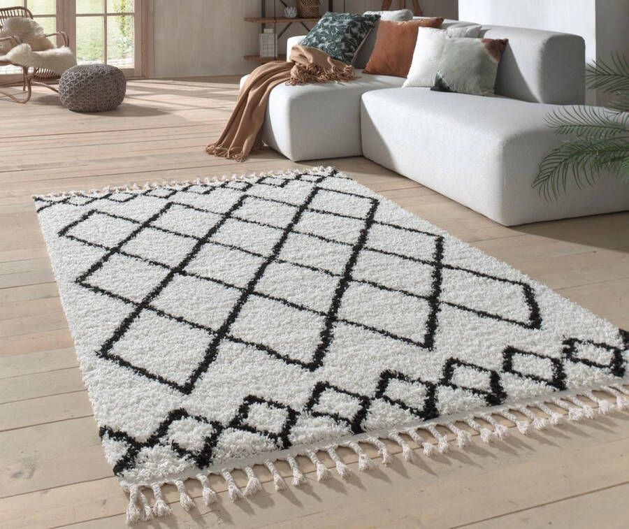 Flycarpets Candy Diamond Vloerkleed 160x230cm Crème Zwart Geruit Hoogpolig