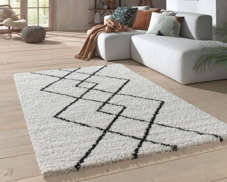 flycarpets Candy Diamond Vloerkleed 160x230cm Crème Zwart Geruit Hoogpolig