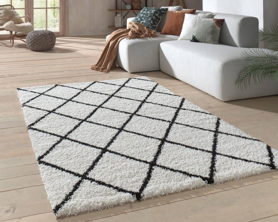 Flycarpets Candy Diamond Vloerkleed 200x290cm Crème Zwart Geruit Hoogpolig - Foto 1