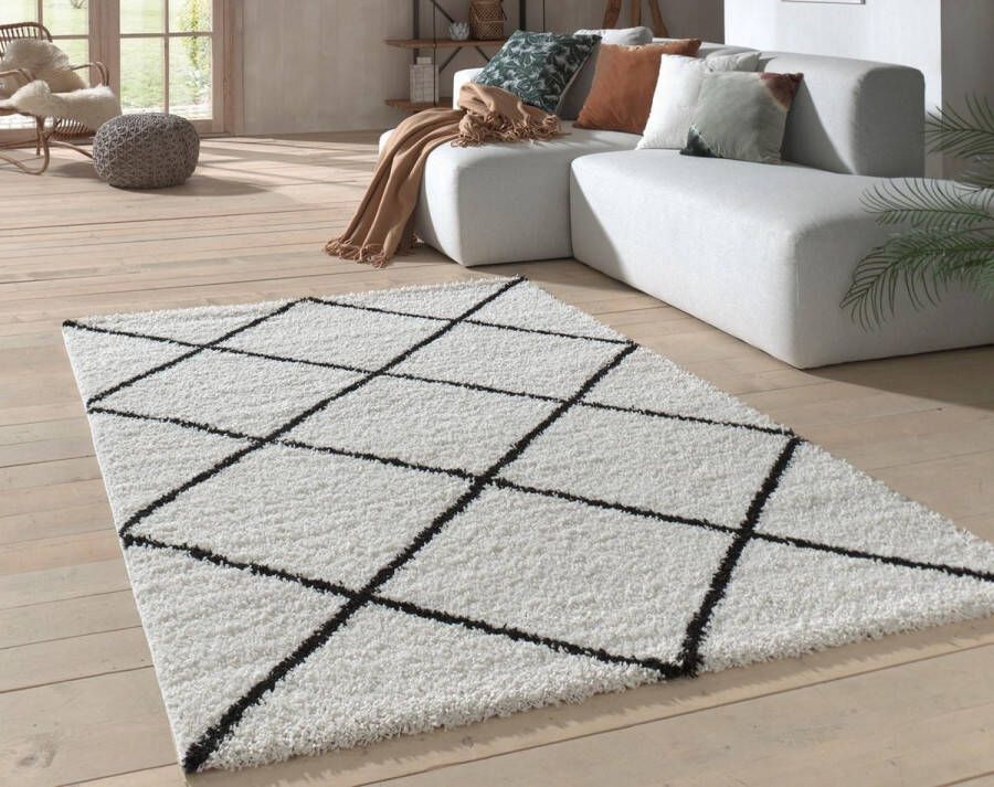 Flycarpets Candy Diamond Vloerkleed 80x150cm Crème Zwart Geruit Hoogpolig - Foto 2