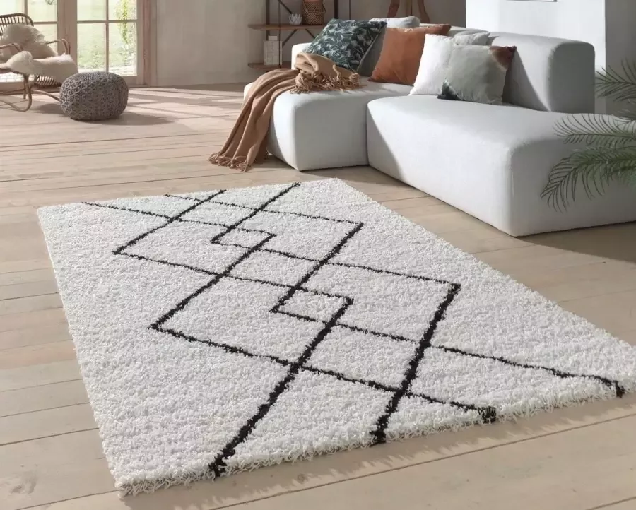 Flycarpets Candy Diamond Vloerkleed 80x150cm Crème Zwart Geruit Hoogpolig - Foto 1