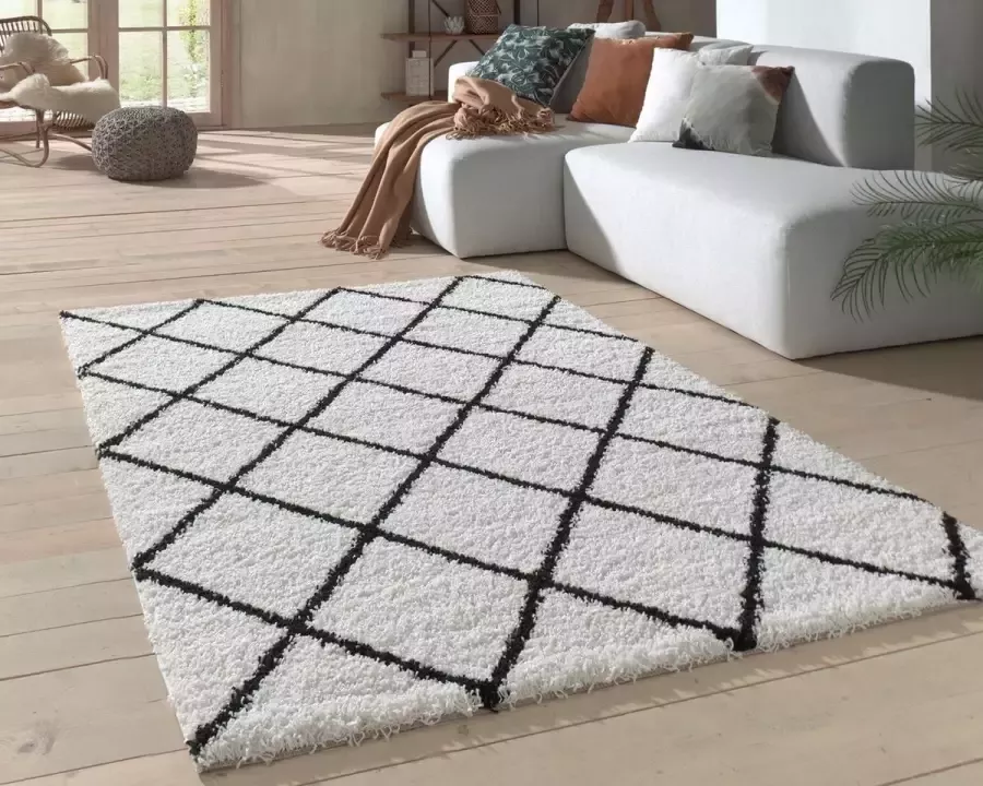 Flycarpets Candy Diamond Vloerkleed 80x150cm- Crème Zwart Hoogpolig