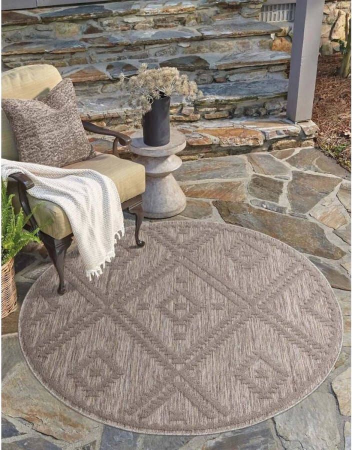 Flycarpets Caprenia Bruin Buitenkleed Rond Vloerkleed Buiten Laagpolig Tuinkleed Tuintapijt Buitentapijt 120 cm