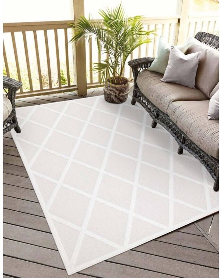 flycarpets Caprenia Buitenkleed Geruit Indoor & Outdoor Vloerkleed Creme 100x200 cm