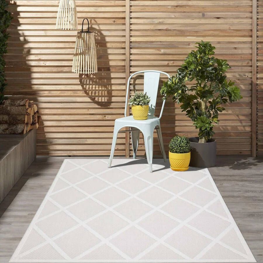 Flycarpets Caprenia Buitenkleed Geruit Indoor & Outdoor Vloerkleed Creme 160x230 cm