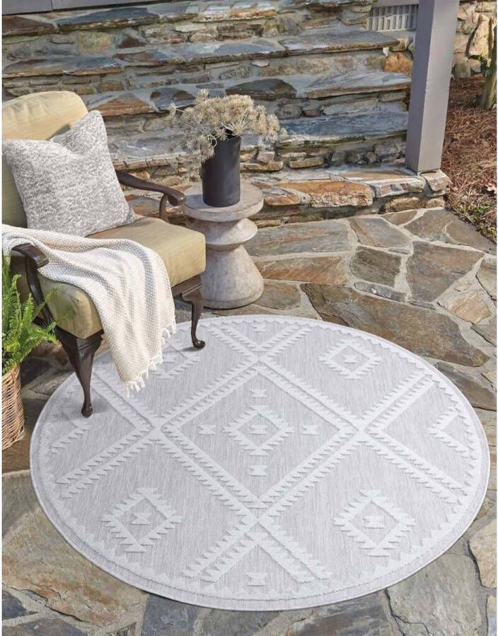 Flycarpets Caprenia Buitenkleed Geruit Indoor & Outdoor Vloerkleed Zilver 120x120 cm