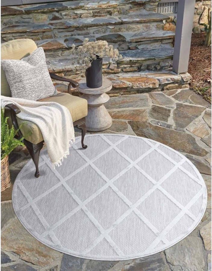 Flycarpets Caprenia Buitenkleed Geruit Indoor & Outdoor Vloerkleed Zilver 160x160 cm